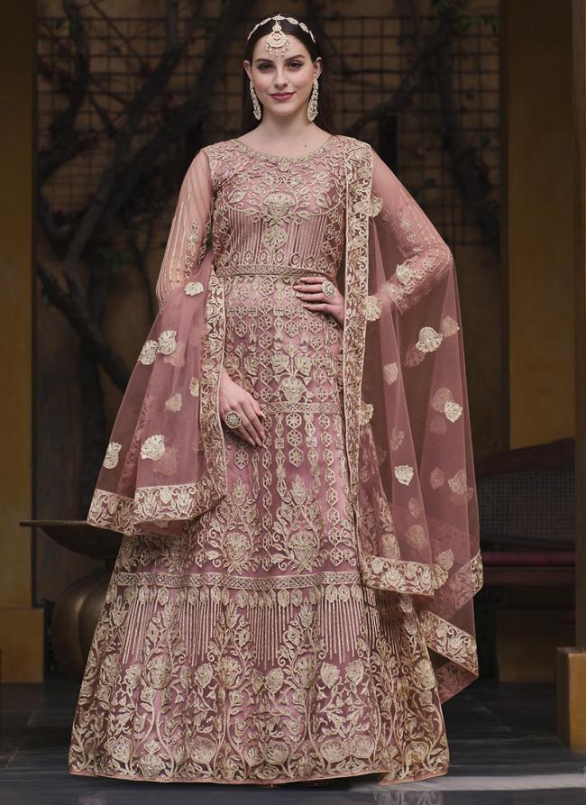 Pure Butterfly Net Pink Bridal Wear Stone Work Anarkali Suit